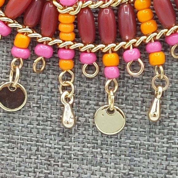 New Jewelry Box Necklace Bib Collar Beaded Orange Pink Metal Fringe Coin Charm - Picture 5 of 9